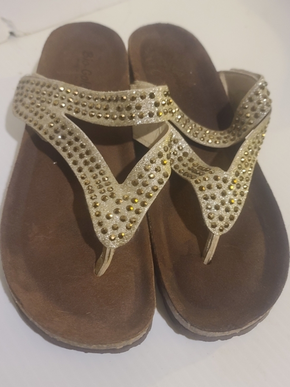 Bio-Gold Strappy Italian Gold Rhinestones Glitter Slip On Wedge Sandals Sz8